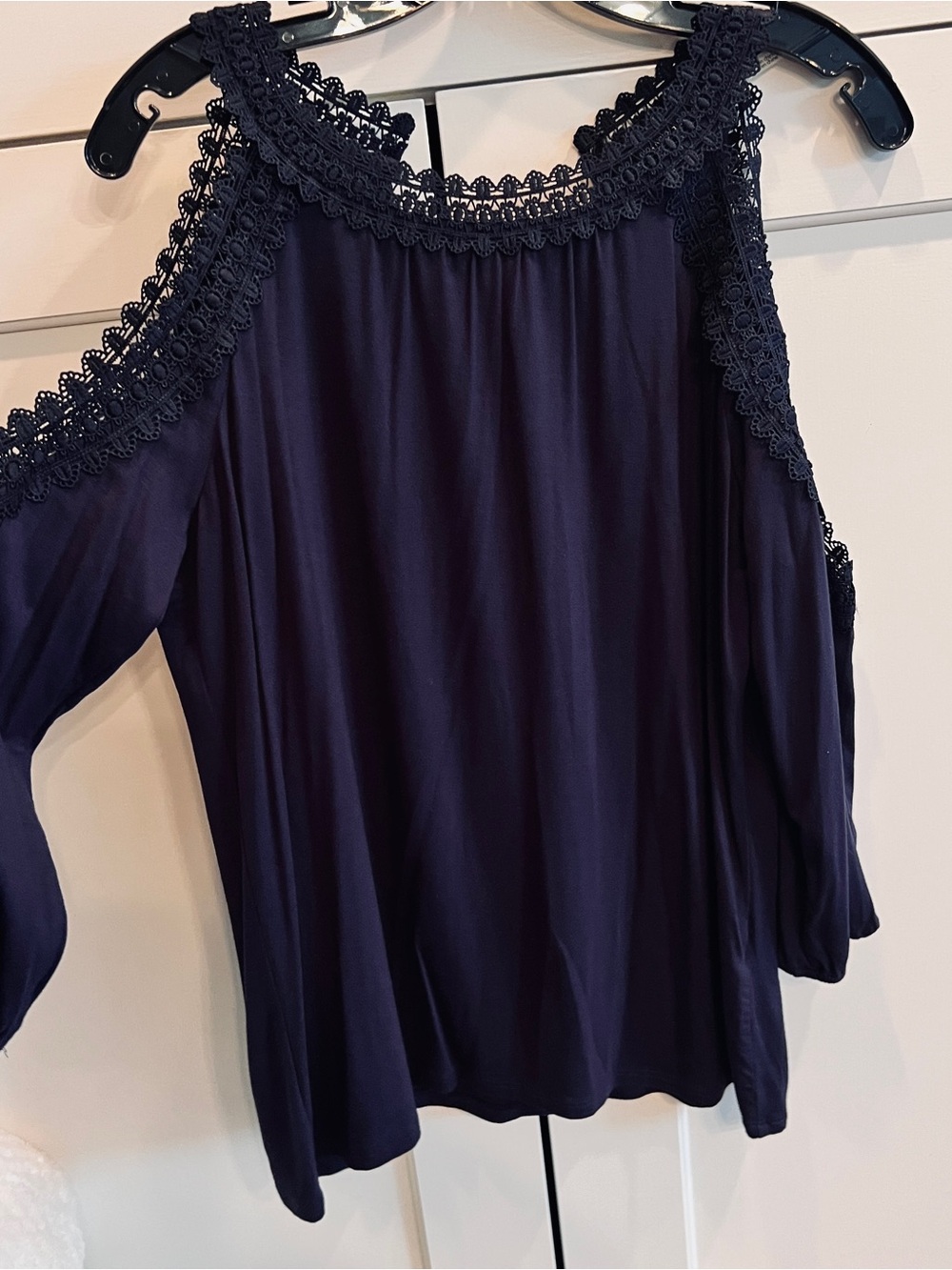 Ivanka Trump Navy Blue Lace Accent Cold Shoulder Top-small